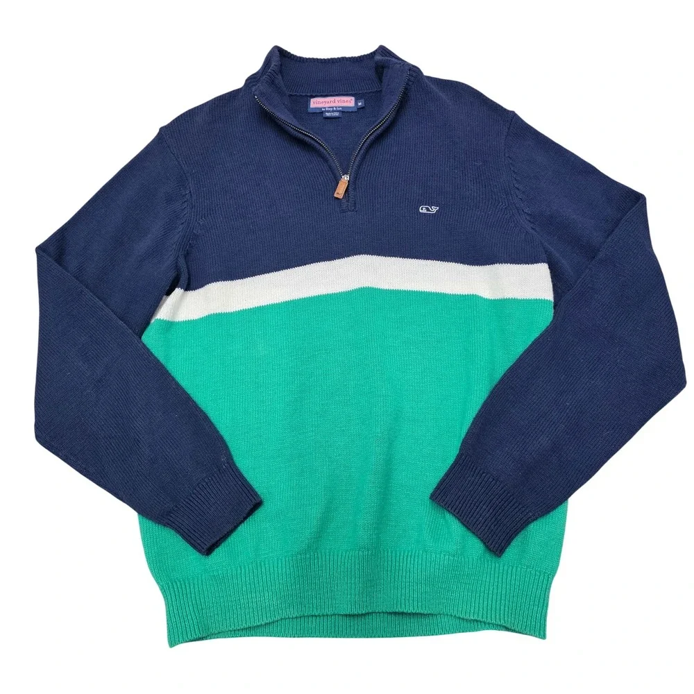 Vineyard Vines Men's Quarter Zip Sweater Navy Green White Stripe Size‎ M Cotton